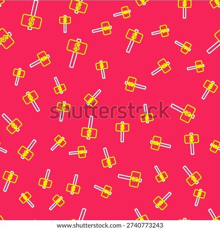 Line Hand holding auction paddle icon isolated seamless pattern on red background. Bidding concept. Auction competition. Hands rising signs with BID inscriptions.  Vector