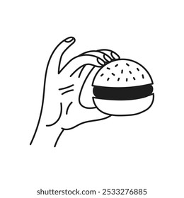 Line Hand Holding Burger. Finger Gesture with Hamburger. Fast Food Eatery Symbol. Restaurant Menu Cafe Delivery sign. Doodle vector illustration