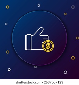Line Hand holding coin icon isolated on blue background. Dollar or USD symbol. Cash Banking currency sign. Colorful outline concept. Vector