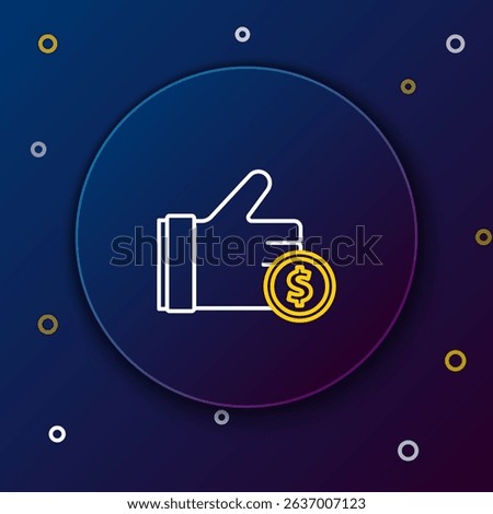 Line Hand holding coin icon isolated on blue background. Dollar or USD symbol. Cash Banking currency sign. Colorful outline concept. Vector