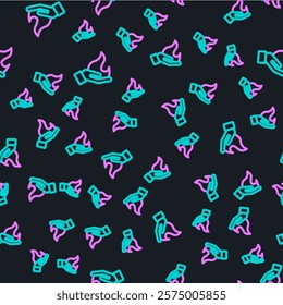 Line Hand holding a fire icon isolated seamless pattern on black background.  Vector