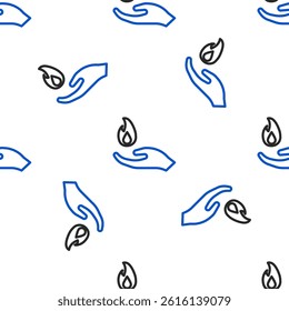 Line Hand holding a fire icon isolated seamless pattern on white background. Colorful outline concept. Vector