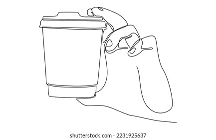 Сontinuous line of Hand holding plastic cup of Coffee drink