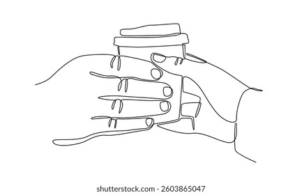 Сontinuous line of Hand holding plastic cup of Coffee