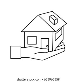 line hand with house architecture design icon