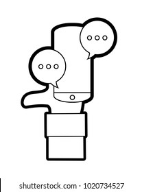 line hand man with smartphone techology and chat bubbles