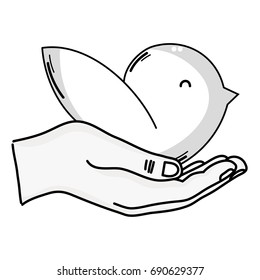 line hand with natural bird dove animal with wing