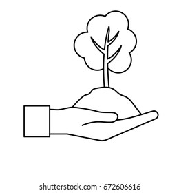line hand with natural tree and ground icon