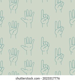 Patrón de la mano de línea con los dedos rizados. Patrón sin fisuras en el recuento de dedos. Ilustración vectorial parpadeando sobre fondo azul.
