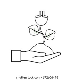 line hand with power cable plant with leaves and ground