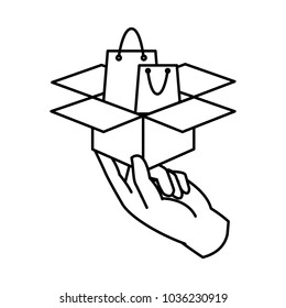 line hand with shoping bag inside box package