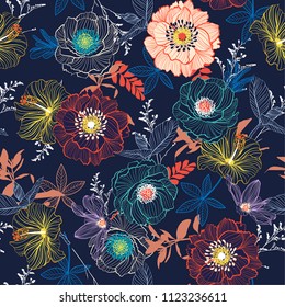 Line Hand sketch blooming garden flower contrast colorful seamless pattern vector for fashion fabric and all prints on navy blue background 