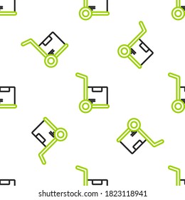 Line Hand truck and boxes icon isolated seamless pattern on white background. Dolly symbol.  Vector Illustration
