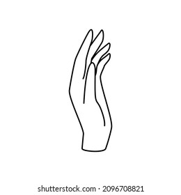 Line hand vector illustration with relaxed palm, fingers and thumb in elegant expressions. Care, open heart and support metaphor.