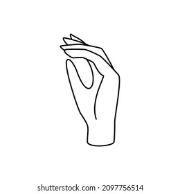 Line hand vector illustration with relaxed palm, fingers and thumb in elegant expressions. Care, open heart and support metaphor.