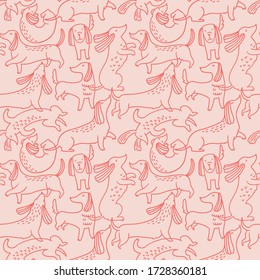 Line hand-drawn dachshund seamless pattern. Dog texture for fabric design. Cute pink animal repeat background.