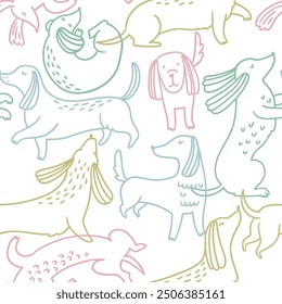 Line hand-drawn dachshund seamless pattern. Doodle dog texture for fabric design. Cute colorful animal repeat background.