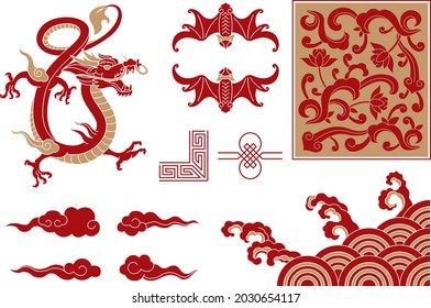 Line hand-drawn illustration of Chinese vector decorative collection - Chinese clouds, dragon, flowers, frame and bat,
isolated on white background