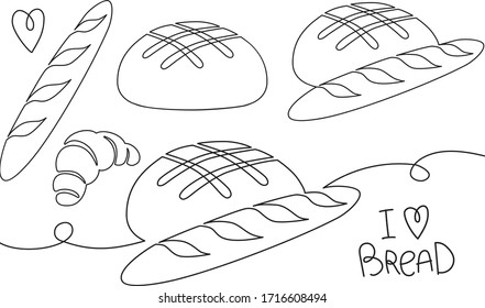 Line hand-drawn style vector illustrations of bread, baguette, croissant. Lettering about loving bread. Logo and icons for bakery