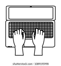 line hands with electronic screen laptop technology