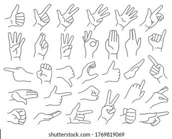 Line hands gestures  Like   dislike hand gesture icon  pointing finger   strong fist icons vector illustration set  Gesture hand  finger line   palm gesturing