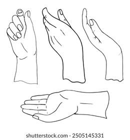 Line hands gestures simple vector illustration set. Minimalist black and white human hand care, palm holding ink sketches for charity designs and skin care cosmetics