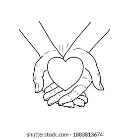 Line hands with heart. Sketch of hands with heart. Line art. Vector.