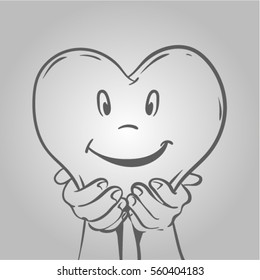 Line hands with heart. Sketch of hands with heart. Line art.
