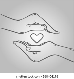 Line hands with heart. Sketch of hands with heart. Line art.