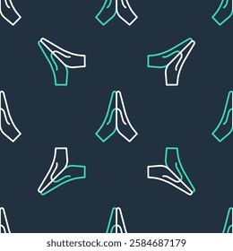 Line Hands in praying position icon isolated seamless pattern on black background. Prayer to god with faith and hope.  Vector