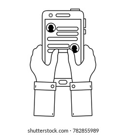 line hands with smartphone and whatsapp chat message