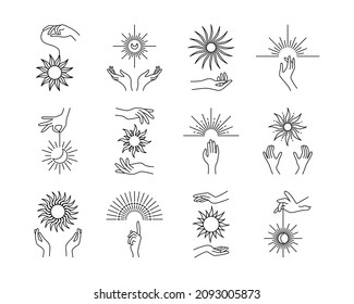 Line hands with suns. esoteric and astrology vintage elements, sun geometry outline graphic vector set