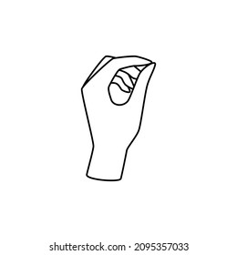 Line hands vector illustration with relaxed palm, fingers and thumb in elegant expressions. Holding thin needle or paper metaphor.