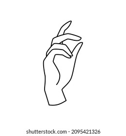 Line hands vector illustration with relaxed palm, fingers and thumb in elegant expressions. Holding thin needle or paper metaphor.