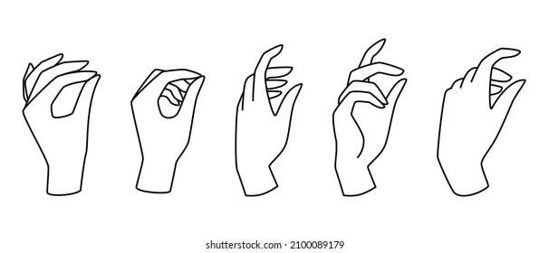 Line hands vector illustration with relaxed palm, fingers and thumb in elegant expressions. Holding thin needle or paper metaphor.