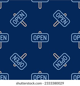 Line Hanging sign with text Open door icon isolated seamless pattern on blue background.  Vector