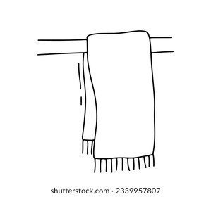 Line hanging towel isolated on white background. Outline hand drawn doodle sketch