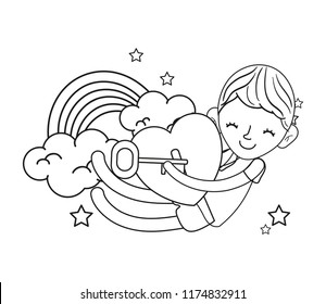 line happy boy with heart and rainbow clouds