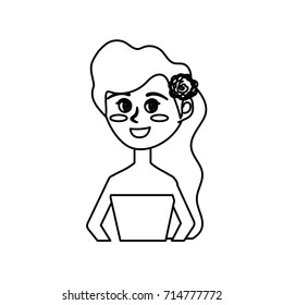 line happy bride with hairstyle and elegant gown