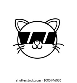 line happy cat head cute animal with sunglasses