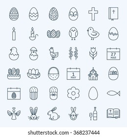 Line Happy Easter Holiday Icons Set. Vector Set of Modern Thin Outline Icons for Website and Mobile.