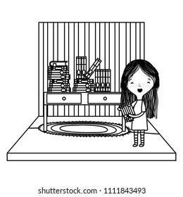 line happy girl with books over desk object