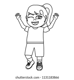line happy girl with hands up and sport clothes