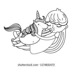 line happy girl hugging beauty unicorn