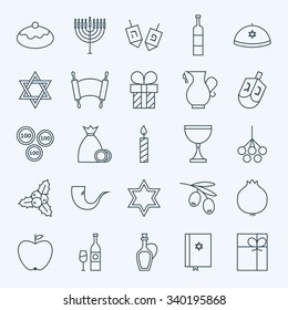 Line Happy Hanukkah Icons Set. Vector Set of 25 Jewish Holiday Modern Line Icons for Web and Mobile. Israel Judaism Icons Collection