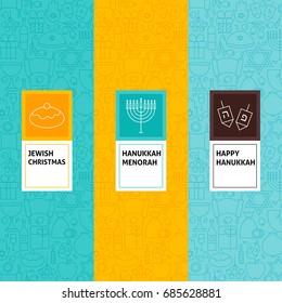 Line Happy Hanukkah Patterns Set. Vector Illustration of Logo Design. Template for Packaging with Labels.