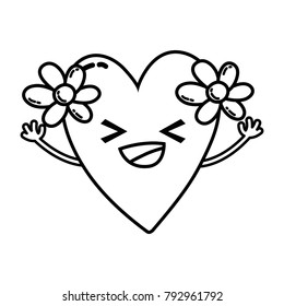 line happy heart with flowers kawaii cartoon