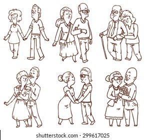 Line happy old couples set, vector