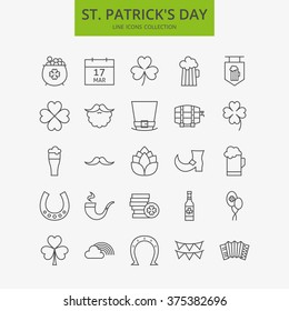 Line Happy Saint Patrick Day Icons Big Set. Vector Set of Spring Holiday Seasonal Modern Thin Line Icons for Web and Mobile. Irish Icons Collection.