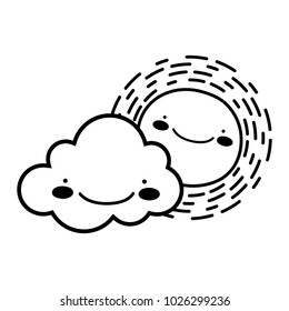 line happy sun with cloud kawaii natural weather